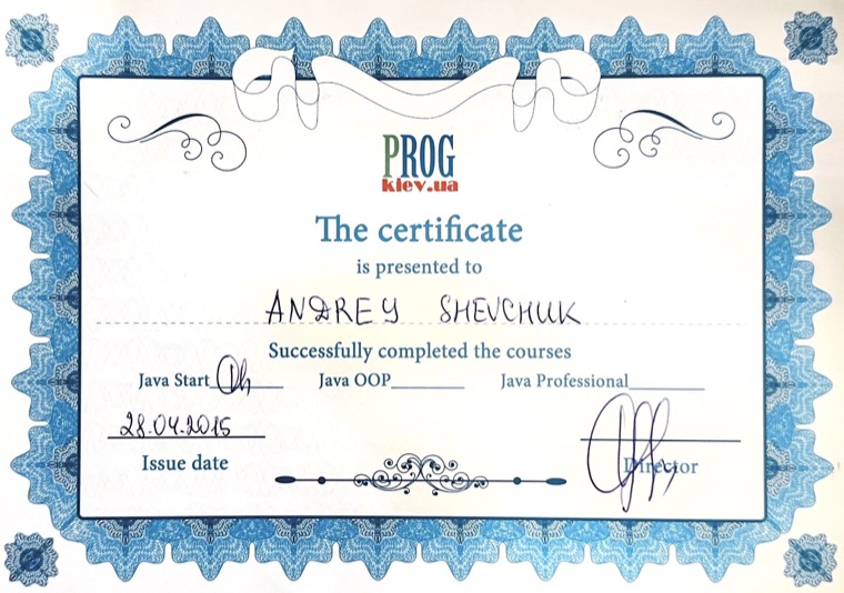 Java Start, OOP and Professional certificate, PROGkiev, 2015