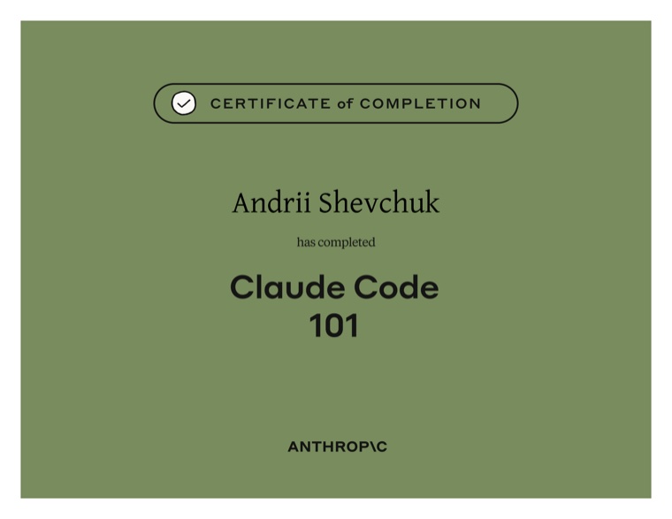 Claude Code 101 certificate of completion, Anthropic, 2026