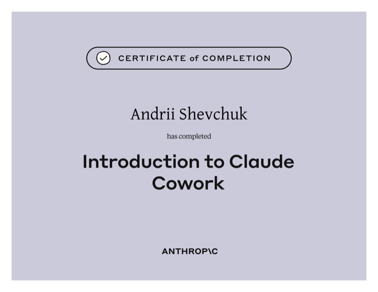 Introduction to Claude Cowork certificate of completion, Anthropic, 2026