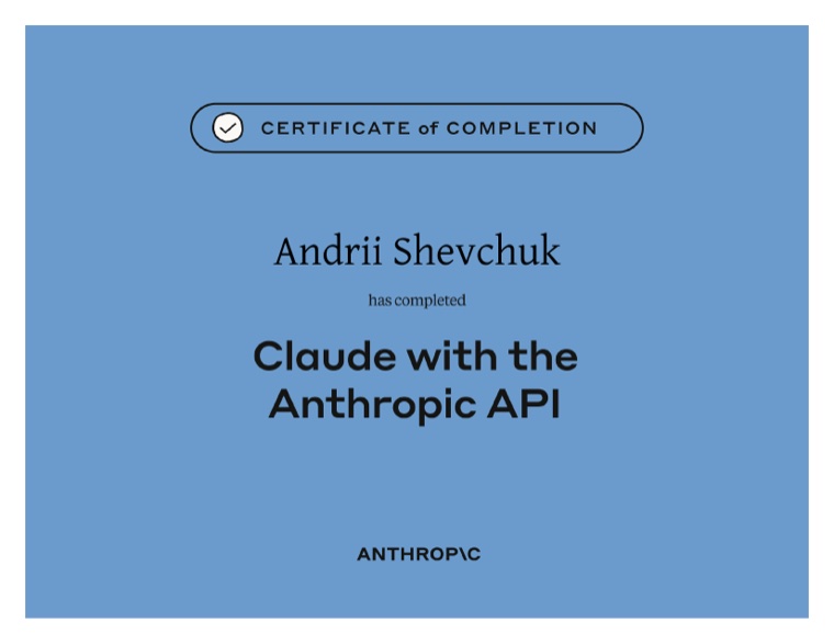 Claude with the Anthropic API certificate of completion, Anthropic, 2026
